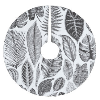 Falda Para El Árbol De Navidad De Poliéster Hojas exóticas, blanco y negro floral vintage.