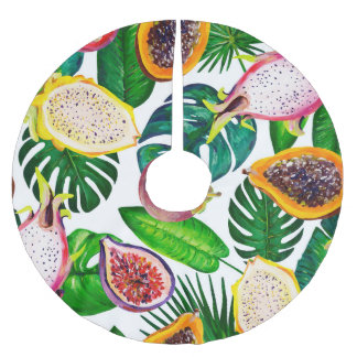Falda Para El Árbol De Navidad De Poliéster Hojas tropicales, frutas, gouache sin costura.