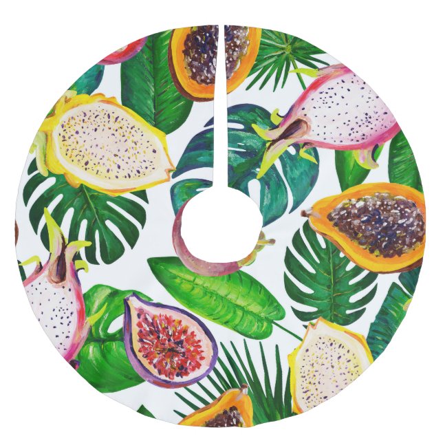 Falda Para El Árbol De Navidad De Poliéster Hojas tropicales, frutas, gouache sin costura. (Anverso)