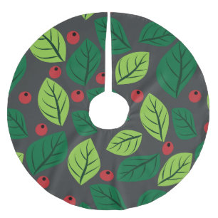 Falda Para El Árbol De Navidad De Poliéster Hojas verdes, bayas rojas, patrón de hojas