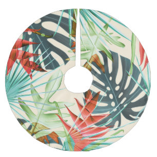 Falda Para El Árbol De Navidad De Poliéster Hojas y flores tropicales: Patrón vibrante