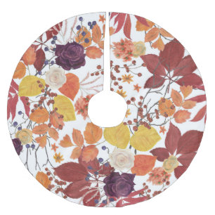 Falda Para El Árbol De Navidad De Poliéster Hojas y Rosas de acuarela de otoño