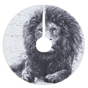 Falda Para El Árbol De Navidad De Poliéster Ilustracion blanco y negro de león.