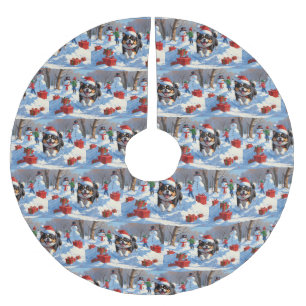 Falda Para El Árbol De Navidad De Poliéster Japanese Chin corriendo en la nieve con sombrero d