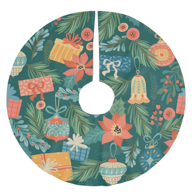 Falda Para El Árbol De Navidad De Poliéster Juguetes navidades, Patrón Retro De Moda. (Anverso)