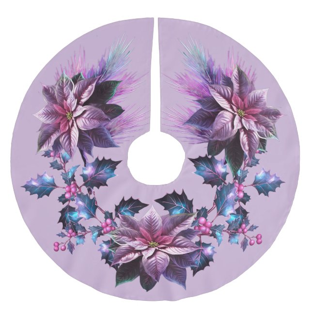 Falda Para El Árbol De Navidad De Poliéster Lavanda Y Poinsettia Rosa (Anverso)