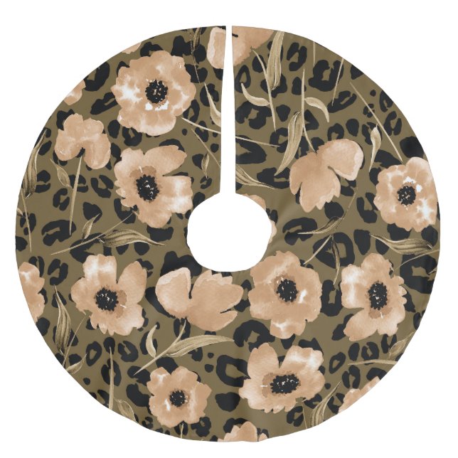 Falda Para El Árbol De Navidad De Poliéster Leopardo floral acuarela: patrón infinito (Anverso)