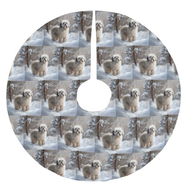 Falda Para El Árbol De Navidad De Poliéster Lhasa Apso Let It Snow Navidades (Anverso)