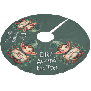 Falda Para El Árbol De Navidad De Poliéster Lindo duende de Navidad sosteniendo un letrero ale