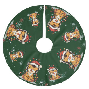 Falda Para El Árbol De Navidad De Poliéster Lindo tigre alegre árbol de Navidad zoológico safa