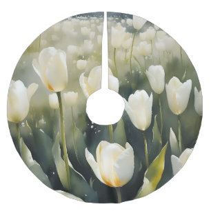Falda Para El Árbol De Navidad De Poliéster Lindos tulipanes blancos jardín pintura acuarela