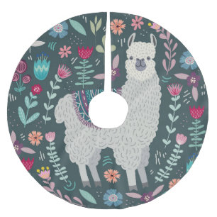 Falda Para El Árbol De Navidad De Poliéster Llama floral: Doodles pintados a mano