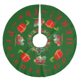 Falda Para El Árbol De Navidad De Poliéster "Los presentes van aquí" Colores tradicionales Roj