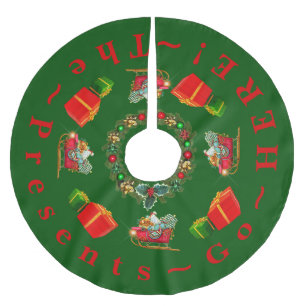 Falda Para El Árbol De Navidad De Poliéster "Los presentes van aquí" Colores tradicionales Roj