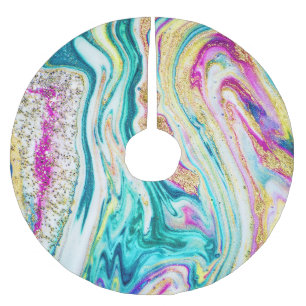 Falda Para El Árbol De Navidad De Poliéster Mágica Marbling: Diseño de pinturas metálicas.