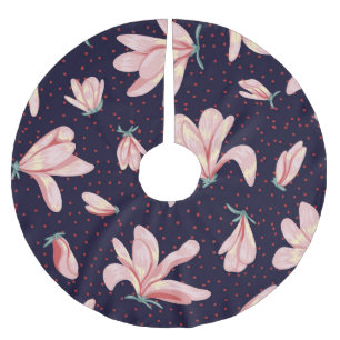 Falda Para El Árbol De Navidad De Poliéster Magnolias florecientes, patrón de cosecha a mano.