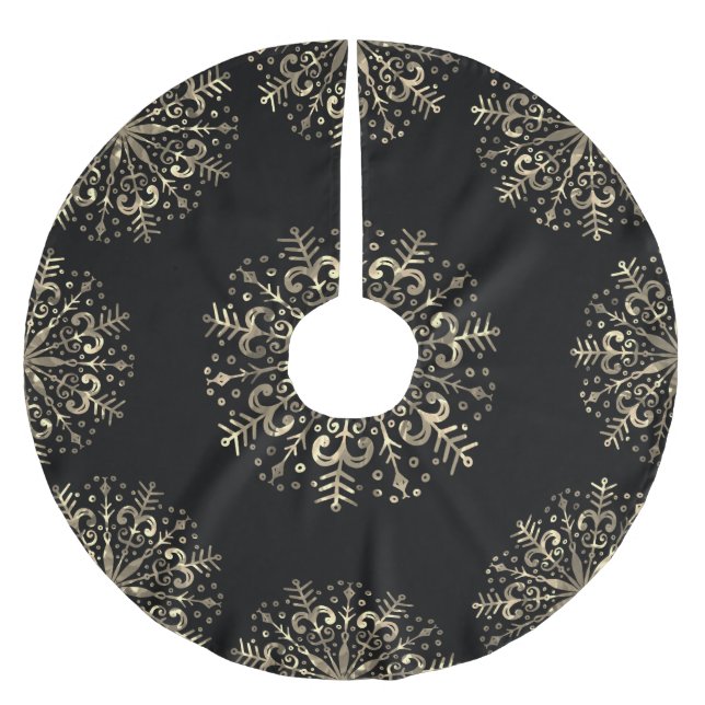 Falda Para El Árbol De Navidad De Poliéster Mandala Snowflake Gold y Black (Anverso)