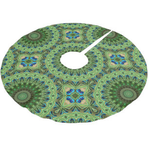 Falda Para El Árbol De Navidad De Poliéster Mandalas de Plumas de Pavo Real Simetría Esmeralda