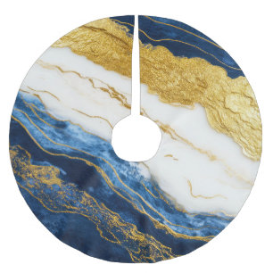 Falda Para El Árbol De Navidad De Poliéster Marble de hojas de oro y azul de la marina de lujo