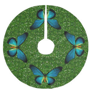 Falda Para El Árbol De Navidad De Poliéster Mariposa Azul Sobre La Falda Verde Del Árbol Purpu