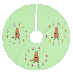 Falda Para El Árbol De Navidad De Poliéster Marmota Linda y Flores de Tulipán