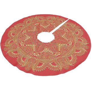 Falda Para El Árbol De Navidad De Poliéster Moda Rojo Elegante Dorado Mandala Patrón de arte d