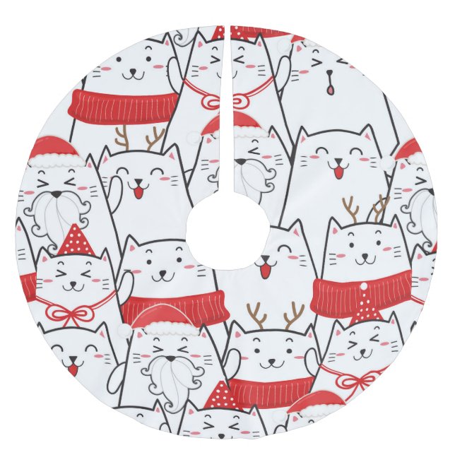 Falda Para El Árbol De Navidad De Poliéster Modelo lindo del dibujo animado del gato (Anverso)