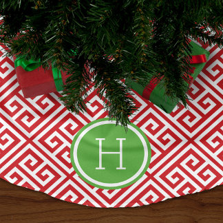 Falda Para El Árbol De Navidad De Poliéster Monograma de clave griega roja y verde