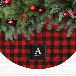 Falda Para El Árbol De Navidad De Poliéster Monograma de Cuadro de Búfalo Rojo y Negro