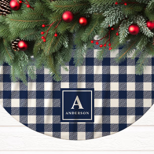 Falda Para El Árbol De Navidad De Poliéster Monograma de Cuadros de Gingham Azul Marino y Blan