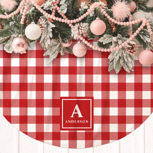 Falda Para El Árbol De Navidad De Poliéster Monograma de Cuadros Gingham Rojo y Blanco