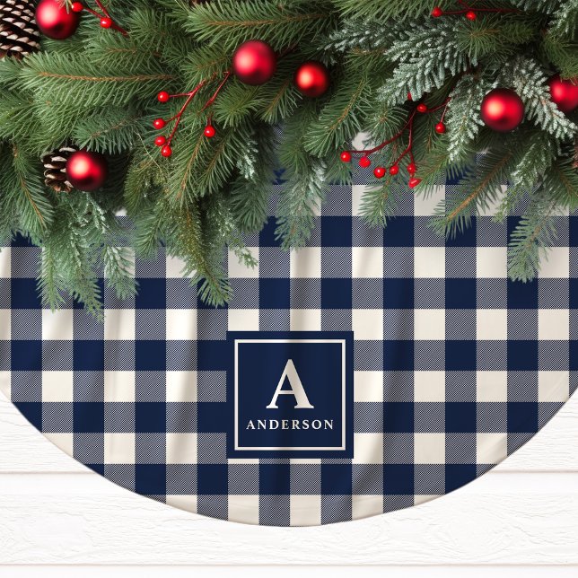 Falda Para El Árbol De Navidad De Poliéster Monograma De Gingham Plaid Azul Y Blanco De La Mar (Subido por el creador)