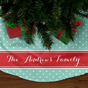 Falda Para El Árbol De Navidad De Poliéster Monograma de puntos precoces rojo y Aqua