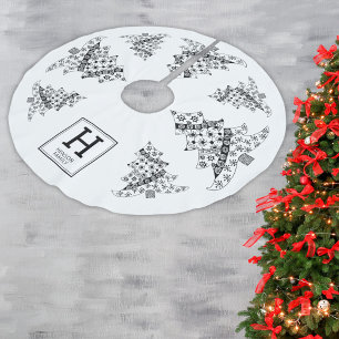 Falda Para El Árbol De Navidad De Poliéster Monograma de vacaciones en blanco y negro de árbol