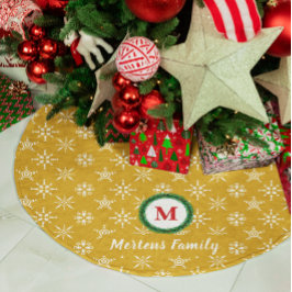 Falda Para El Árbol De Navidad De Poliéster Monograma de Wreath su nombre Oro y Copos de nieve