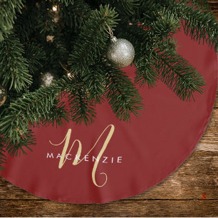 Falda Para El Árbol De Navidad De Poliéster Monograma elegante moderno en rojo y dorado con le