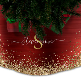 Falda Para El Árbol De Navidad De Poliéster Monograma Purpurina de oro rojo Girly Glam