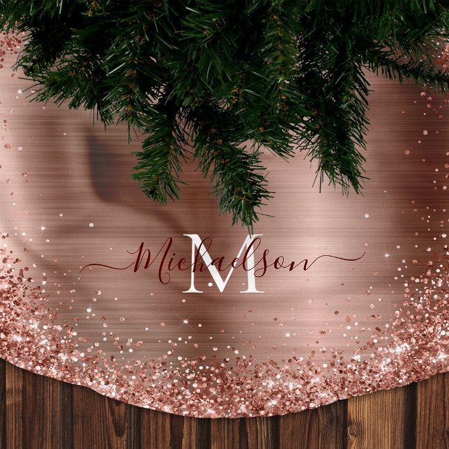 Falda Para El Árbol De Navidad De Poliéster Monograma Rosa Faux-Purpurina Girly Glam (Rose Gold Glitter Monogram Christmas Tree Skirt)