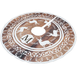 Falda Para El Árbol De Navidad De Poliéster Monogramado de antenas blancas de madera oscura