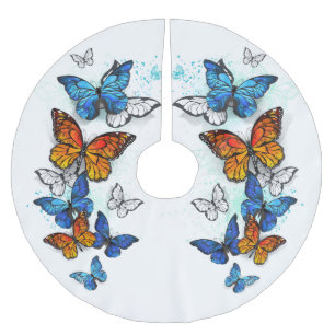 Falda Para El Árbol De Navidad De Poliéster Morfo y monarca de las mariposas voladoras