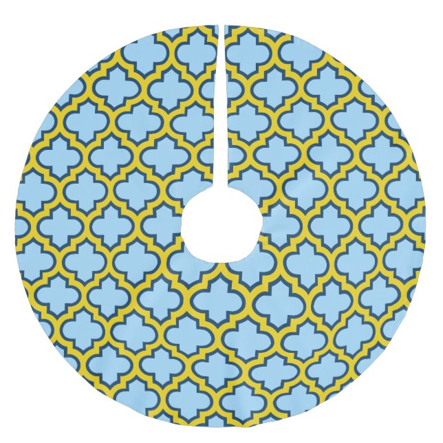 Falda Para El Árbol De Navidad De Poliéster Mosaico azul y amarillo, Entramado, Quatrefoil (Anverso)
