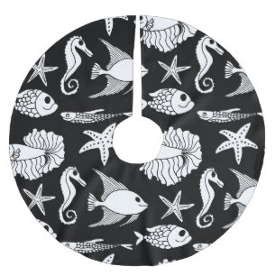 Falda Para El Árbol De Navidad De Poliéster Motif De Pescado: Patrón Blanco Negro.