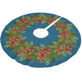Falda Para El Árbol De Navidad De Poliéster Motivo de Agujas de Pino Verdes y Bayas de Acebo R