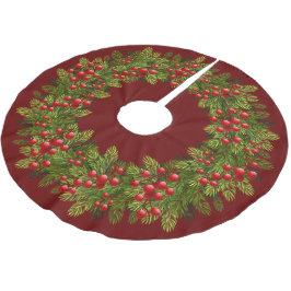 Falda Para El Árbol De Navidad De Poliéster Motivo de Agujas de Pino Verdes y Bayas Rojas de A
