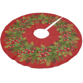 Falda Para El Árbol De Navidad De Poliéster Motivo de Agujas de Pino Verdes y Bayas Rojas de A