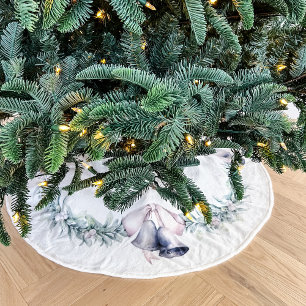 Falda Para El Árbol De Navidad De Poliéster Muérdago y Campanas de Plata Blanco