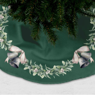 Falda Para El Árbol De Navidad De Poliéster Muérdago y Campanas de Plata Verdes