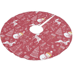 Falda Para El Árbol De Navidad De Poliéster Muñeco de nieve, árbol de Navidad y ciervo, rojo i