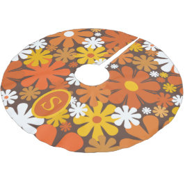 Falda Para El Árbol De Navidad De Poliéster Naranja de patrón floral retro 70 Brown con inicia