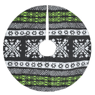 Falda Para El Árbol De Navidad De Poliéster Navajo tribal, patrón verde blanco negro.